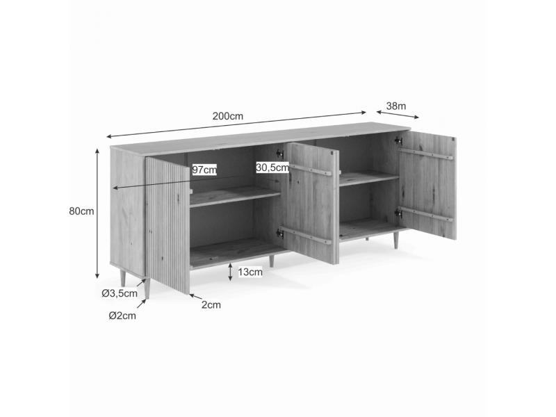 Balcão buffet de 2,00 metros com 4 portas no acabamento em cera natural com toque acetinado | Coleção Jazz